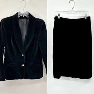 vintage 70s 2 PIECE VELVET SUIT skirt jacket rhinestone buttons midi black S M
